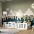 Crazy Pine Kinderbett 200x140 cm – Weiß mit Glatter Oberfläche - Montessori Bodenbett mit Rausfallschutz 40cm - Crazy Johnny - Weiß