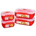 Sistema Microwave-Heat & Eat Frischhaltedosen Set, 4 rechteckige Mikrowellen-Vorratsdosen mit Deckeln (2 x 1,25 l + 2 x 525 ml), verschließbare Clips - Rot