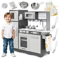 XXL Kinderküche aus Holz mit Backofen, Kühlschrank und LED-Licht, Grau - Grau