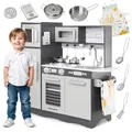 Mamabrum, Babyspielzeug Spielküche mit LED-Blitzsystem, Kinderspielzeug aus Holz, Rollenspielküchenzubehör inklusive Rollenspielküche für Kinder, Kleines Küchenchef-Spielset, Naturholz/Grau