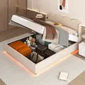 MODFU Polsterbett 140x200cm Doppelbett Jugendbett mit LED-Licht, USB+C Schnittstelle Aufladung und Stauraum,Samtstoff ,Beige(mit Matratze) - Beige