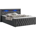 Juskys Boxspringbett Leona Samt 140x200 cm in Grau – mit LEDs, Topper & Federkern-Matratzen - Grau
