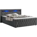 Boxspringbett Leona 140x200 Cm - Bett Mit Led Beleuchtung, Topper & H4 Federkern Matratzen - Einzelbett Grau Mit Samt Und Steppung - Juskys