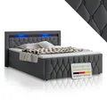 Juskys Boxspringbett Leona 140x200 cm - Bett mit LED Beleuchtung, Topper & H4 Federkern Matratzen - Einzelbett Grau mit Samt und Steppung