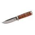 Herbertz Gürtelmesser, Damast, AISI 420 Stahl, rostfrei Griff mit Lederscheiben, Fangriemenöse, braune Lederscheide, robustes Outdoor-Messer & Jagdmesser, Survivalmesser mit feststehender Klinge