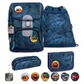 Belmil Motion ergonomisches Schulranzen Set 5-teilig "Blue Splash" aus recyceltem Material mit Brustgurt, Hüftgurt, Magnetverschluss, Patch Set 6 ... - Blau