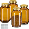 Relaxdays Braungläser, 4er Set, 400 ml, mit Deckel & Etiketten, Kräutergläser Medizin, Gewürze, Vorratsdosen, braun/gold - Braun