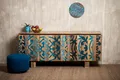 Sideboard OTTO HOME "Layer", bunt (braun, blau), B:185cm H:77cm T:47cm, Sideboards, Sideboard, Kommode mit 4 dekorativen Türen, Breite 177 cm
