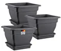 BURI 3er Set Pflanzkübel Groß Außen, XL Blumentopf mit Wasserspeicher Gross 48x48 cm, Pflanzentopf und Untersetzer, Pflanzkübel Kunststoff, Blumenkübel Pflanztöpfe Blumentöpfe Made in DE, Anthrazit