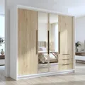 A&J MöbelLand VIVO Kleiderschrank 4-türig mit Spiegel und Schubladen – 200 x 215 cm – Drehtürenschrank mit Kleiderstange und Einlegeböden