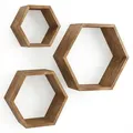 IvoQ Hexagon Wandregale Holz - 3er Set - Kiefer - Schwebendes Wandregal - Wabenform - Natur