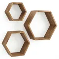 IvoQ Hexagon Wandregale Set aus 3 Stück – Massives Kiefernholz, Sechseck Design Wandregal, Schweberegale für Wohnzimmer, Schlafzimmer & Küche – Rustikal & Modern, Einfache Montage, Naturholzfarbe