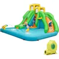 COSTWAY Hüpfburg mit Gebläse, Wasserpark mit Zwei Rutschen, Kletterwand, Basketballkorb, Planschbecken und Wasserkanone, inkl. Tragetasche, Repar...