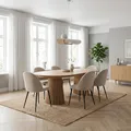 ebuy24 Esstisch oval ausziehbar - Essgruppe Tokyo 7-teilig für 6 Personen Natur 120x120-160/200 cm Tisch mit 6 beigen Samt Stühlen Esszimmergruppe Speisegruppe Wohnküche Esszimmermöbel Essplatzmöbel