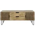 TV-Board Mangoholz massiv, modernes Lamellen Design, Braun Natur, 2 Schubladen, 2 Türen, 135 cm