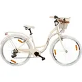 Goetze Mood 28 Zoll City Bike, 18 Zoll Tiefeinsteigerrahmen, 7-Gang Shimano Tourney, V-Bremse, LED-Beleuchtung, Komfortsattel, Rattankorb - Beige