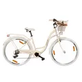 Goetze Mood 28 Zoll Damen Citybike, 18 Zoll Tiefeinsteiger Stahlrahmen, 7-Gang Kettenschaltung, doppelte V-Bremsen, LED-Beleuchtung, Rattankorb, Komfortsattel, mit Seitenständer & Klingel