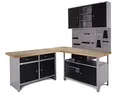 Ondis24 Werkstatt Ecklösung Basic One, 120 + 60 cm breit, Holzarbeitsplatte, 2X Werkbank, 1x Werkzeugschrank, Stahl, abschließbar, 3X Werkzeugwand - Lochwand+Haken Set (Arbeitshöhe 85 cm)
