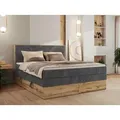 MKS MEBLE Boxspringbett WOOD CLASSIC KING, Doppelbett mit zwei Multipocket-Matratze und Topper T25, hohe Kopfteil, Stauraum - 180 x 200 cm - H3 - G... - Grau