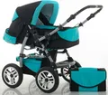 Kinderwagen-Set Flash 2 in 1 in Schwarz-Türkis - 14 Teile - in 18 Farben erhältlich