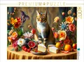 CALVENDO Puzzle Katze auf Tisch mit Blumen und Obst im Stil der Alten Meister | 2000 Teile Lege-Größe 90x67cm Foto-Puzzle für glückliche Stunden
