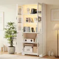 MODFU Hochschrank Aufbewahrungsschrank mit fünf Ablagefächern Bücherregal Vitrine mit 2 Glasgittern und Stauraum Landhaus-Stil Wohnzimmerschrank Weiß