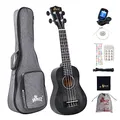 Winzz 21" Sopran Ukulele Anfänger Set Kinderm Erwachsene, Einzigartiges Farbdesign, mit Tasche, Stimmgerät, Zusätzlichen Saiten, Gurt, Noten-Aufkleber, Poliertuch-Schwarz