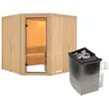 Karibu Woodfeeling Sauna Kotka - 68 mm Aktionssauna Bronzierte Ganzglastür Ohne Dachkranz 9 kW Ofen integr. Steuerung