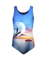 Aquarti Badeanzug Mädchen – Sportlicher Mädchen Badeanzug mit Ringerrücken Print, Farbe: Delfine Mond Orange/Dunkelblau, Größe: 134